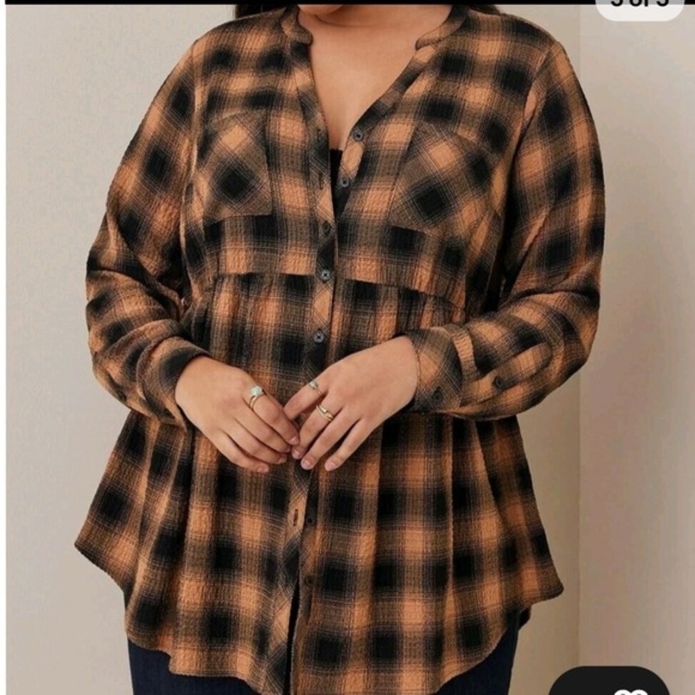 Torrid Plaid Tunic Shirt‎ Dress Beige Black Button Down Long Sleeve Size 6